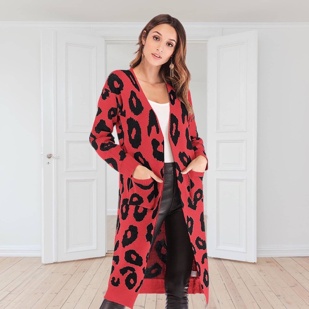 LONG SLEEVE RED LEOPARD PRINT KNIT CARDIGAN - Picture 3 of 4